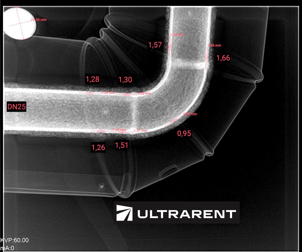 Digital radiograph of ammonia pipework – wall thickness measurement through insulation